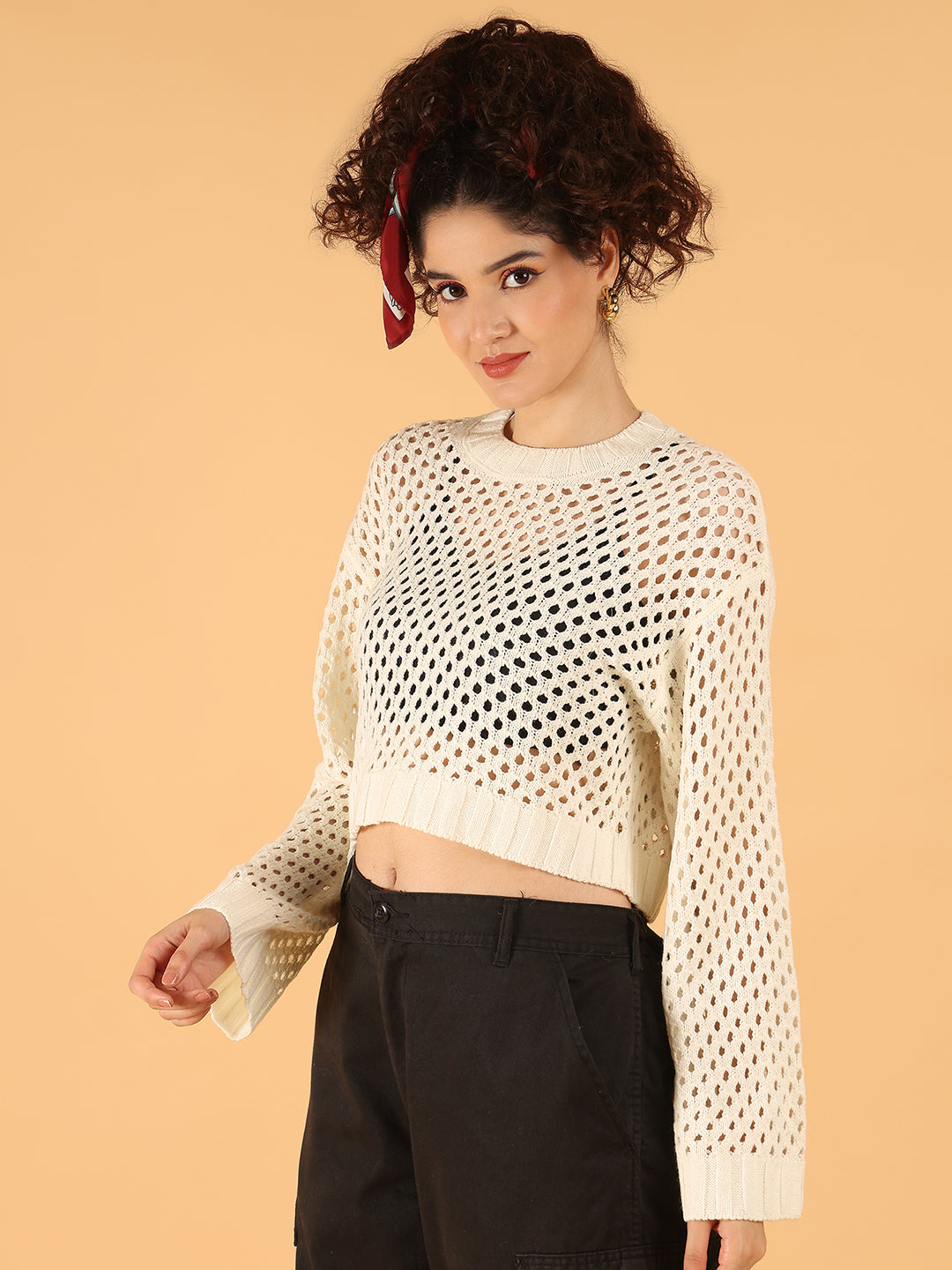 Women White Open Knit Cropped Sweater