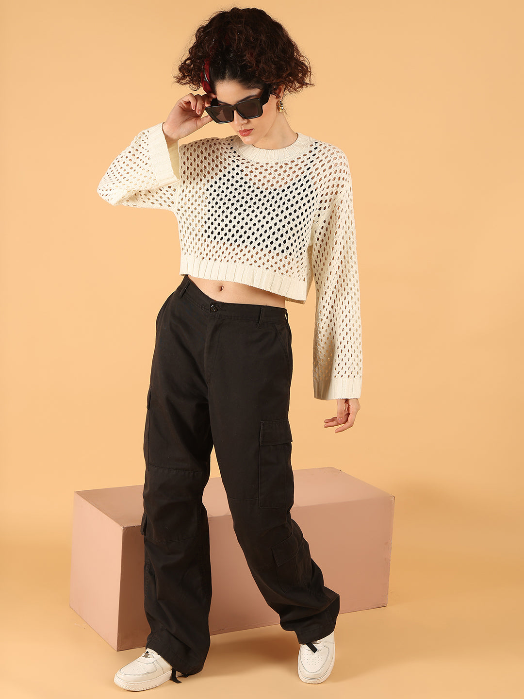 Women White Open Knit Cropped Sweater