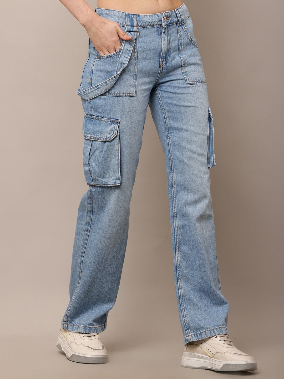 Women Full Length Button Closure Blue Jeans
