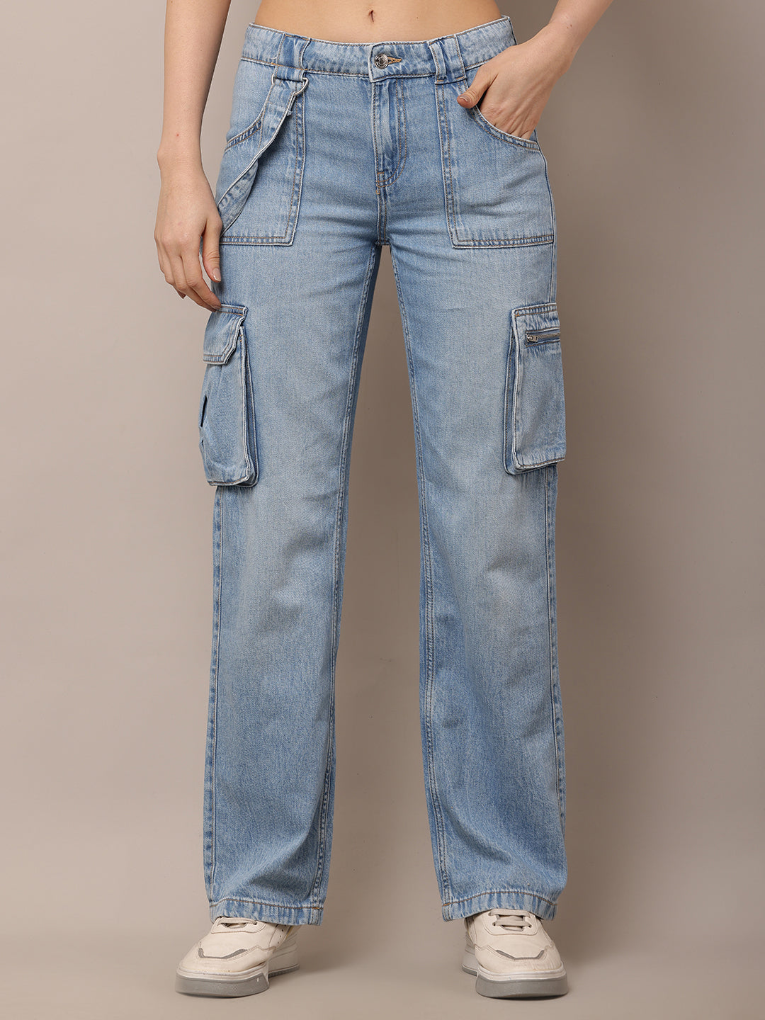 Women Full Length Button Closure Blue Jeans