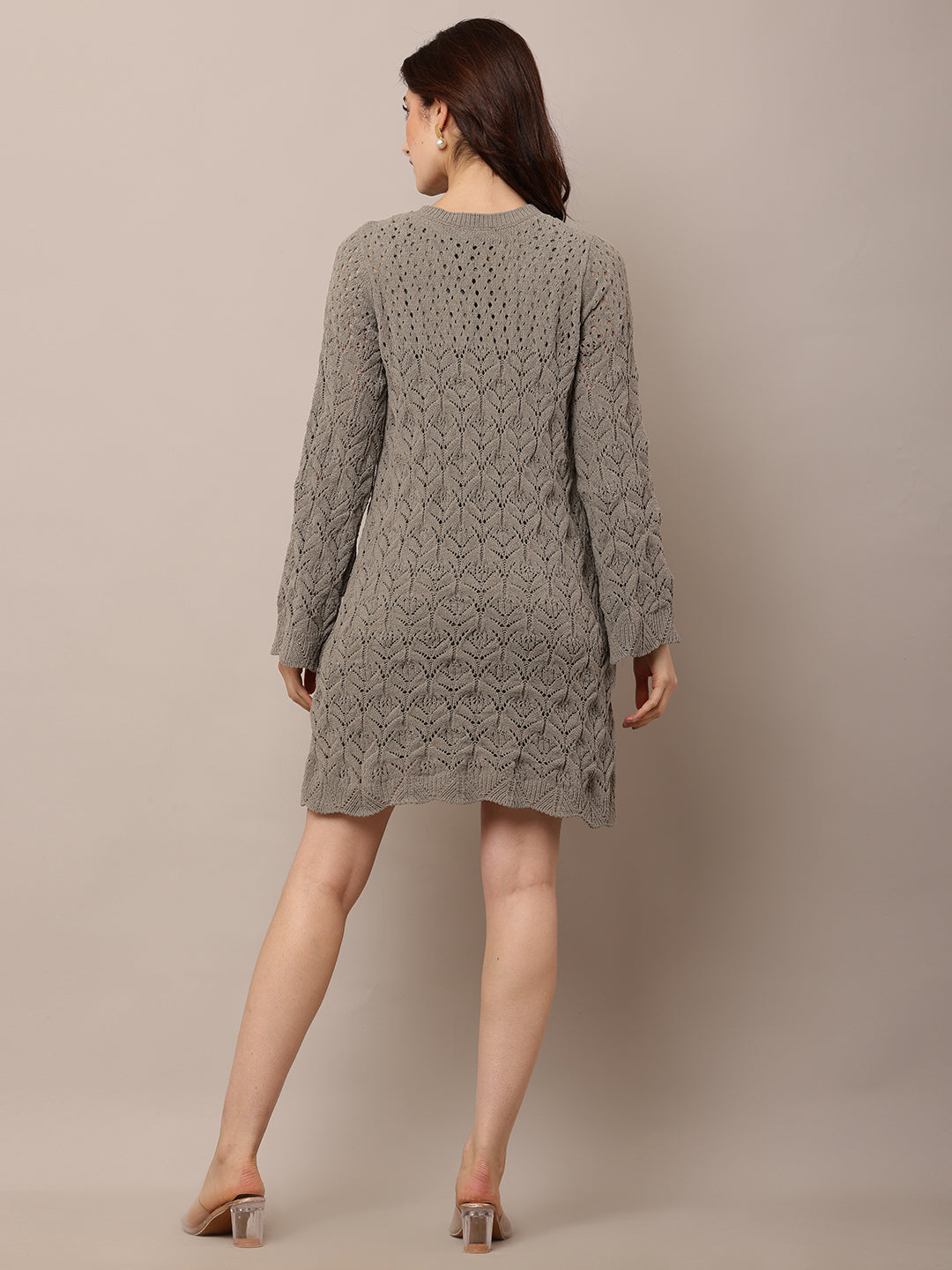 Women Light Green Crochet Shift Dress with Sleeves