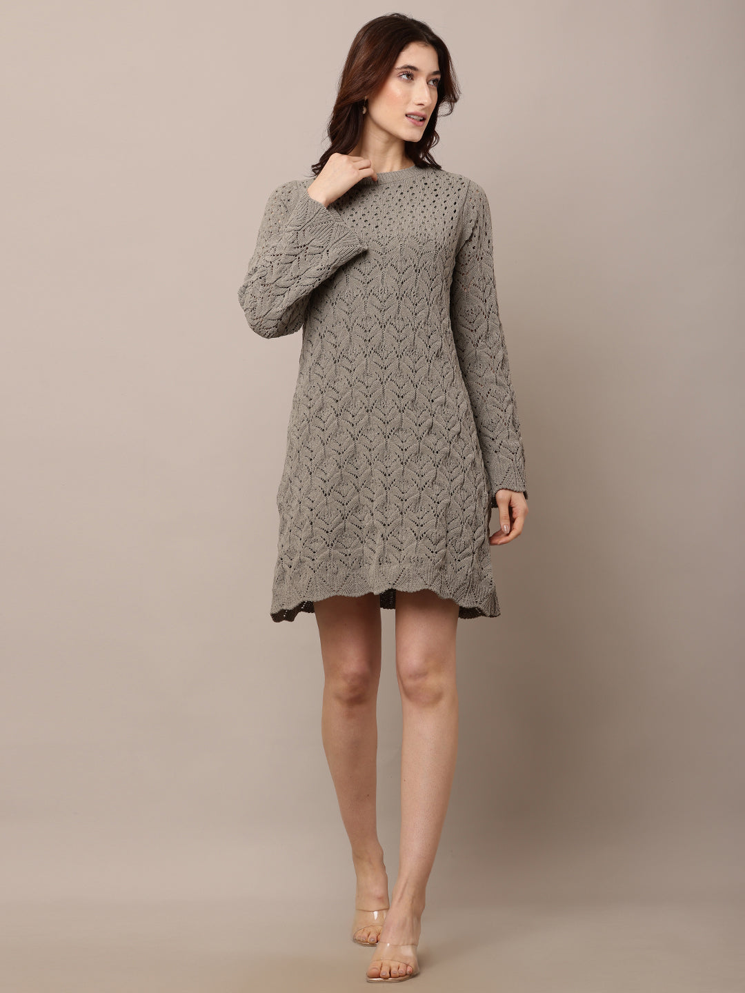 Women Light Green Crochet Shift Dress with Sleeves