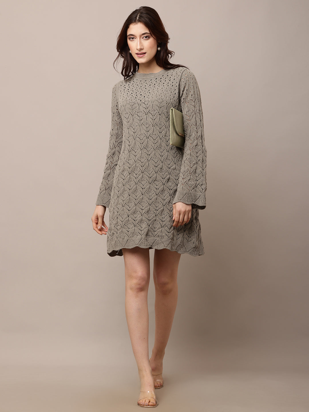Women Light Green Crochet Shift Dress with Sleeves