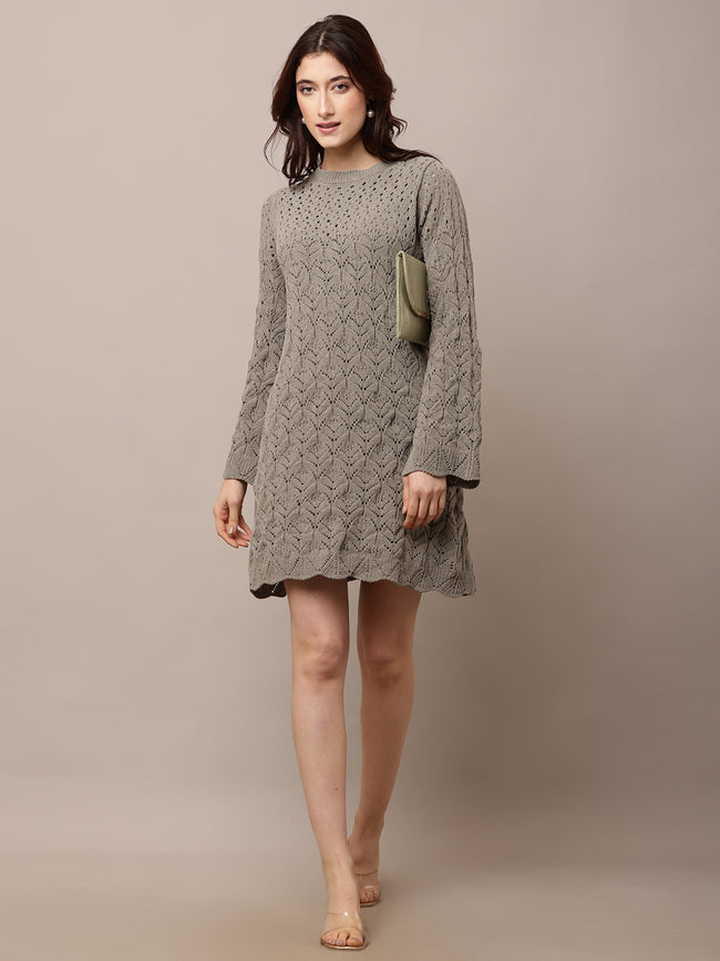 Women Light Green Crochet Shift Dress with Sleeves