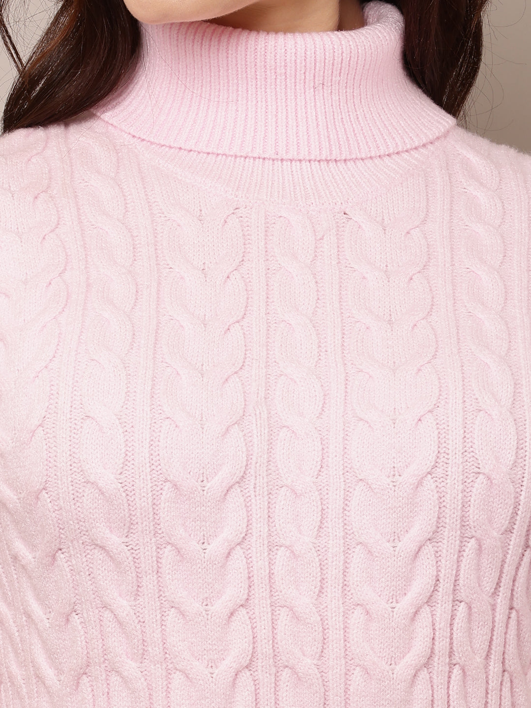 Women Pink Cable Knit High Neck Dress