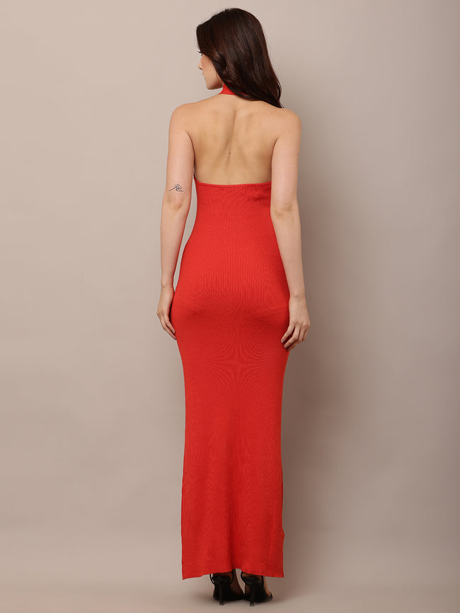 Women Halter Neck Maxi Red Bodycon Dress – FYVA