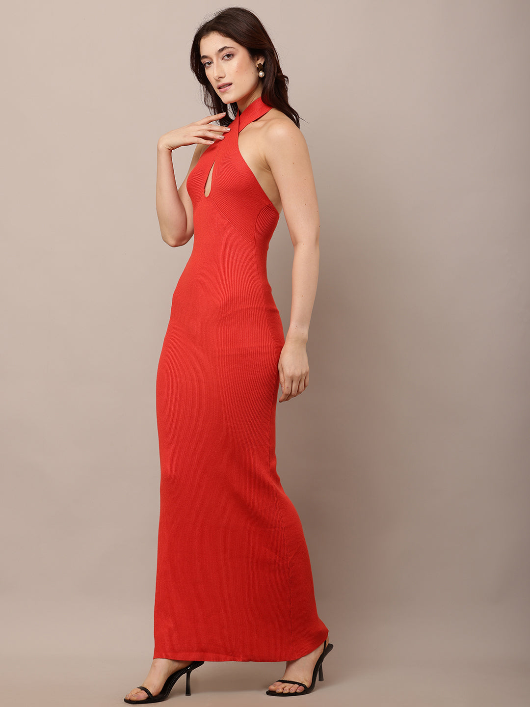 Women Halter Neck Maxi Red Bodycon Dress