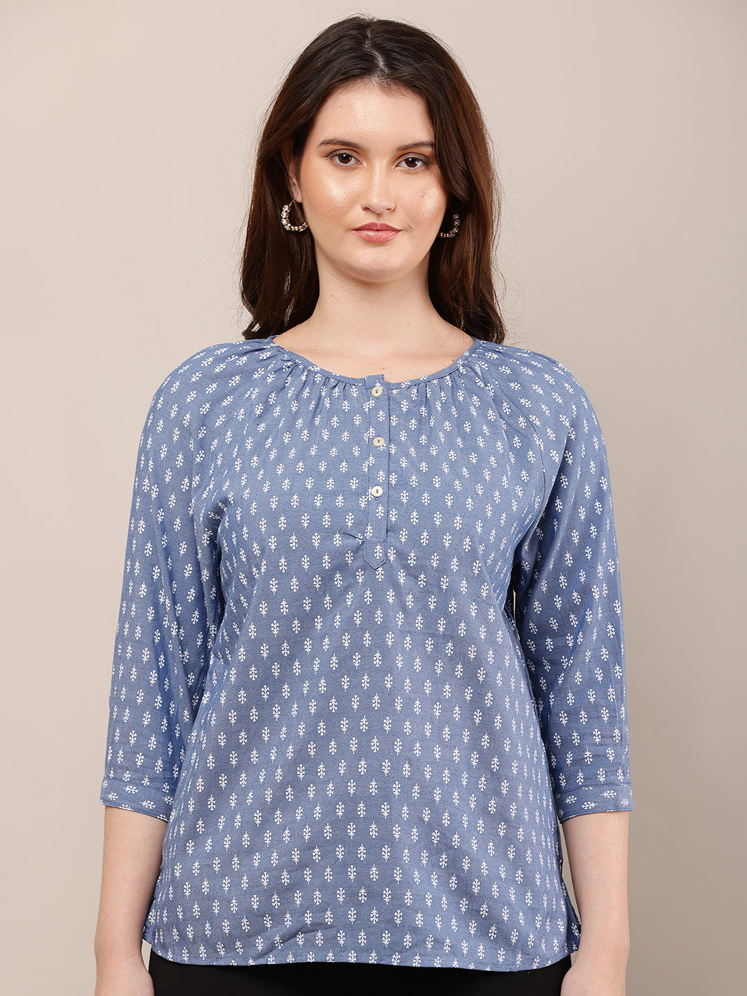 Women Blue Printed Top with 3/4th Sleeves