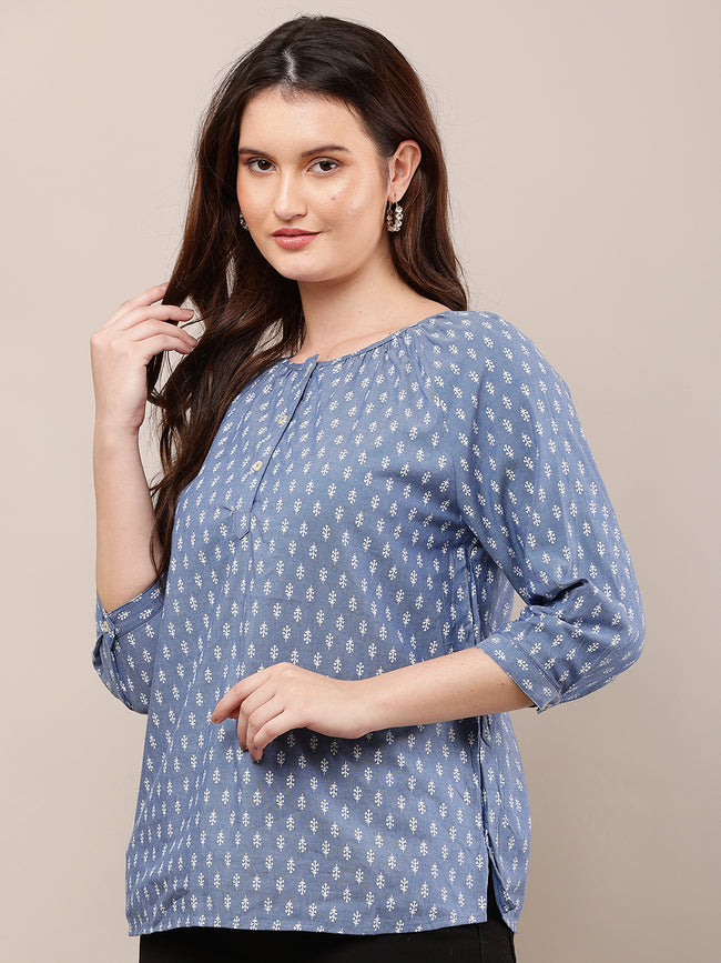 Women Blue Printed Top with 3/4th Sleeves
