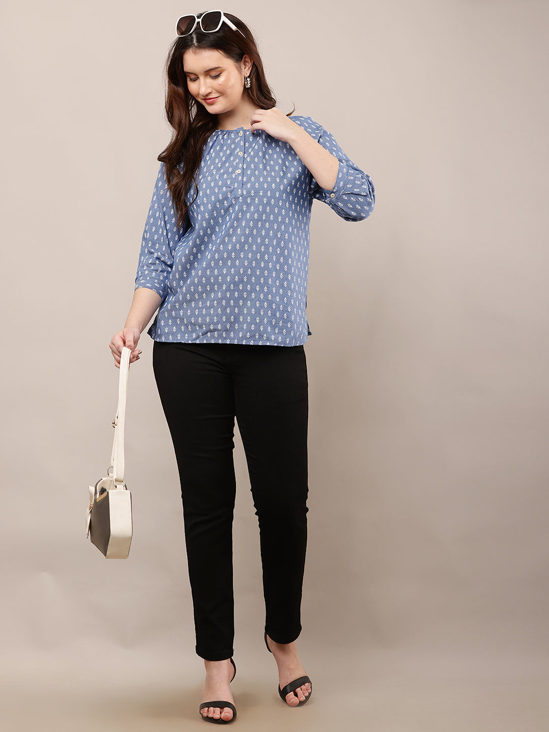Women Blue Printed Top with 3/4th Sleeves