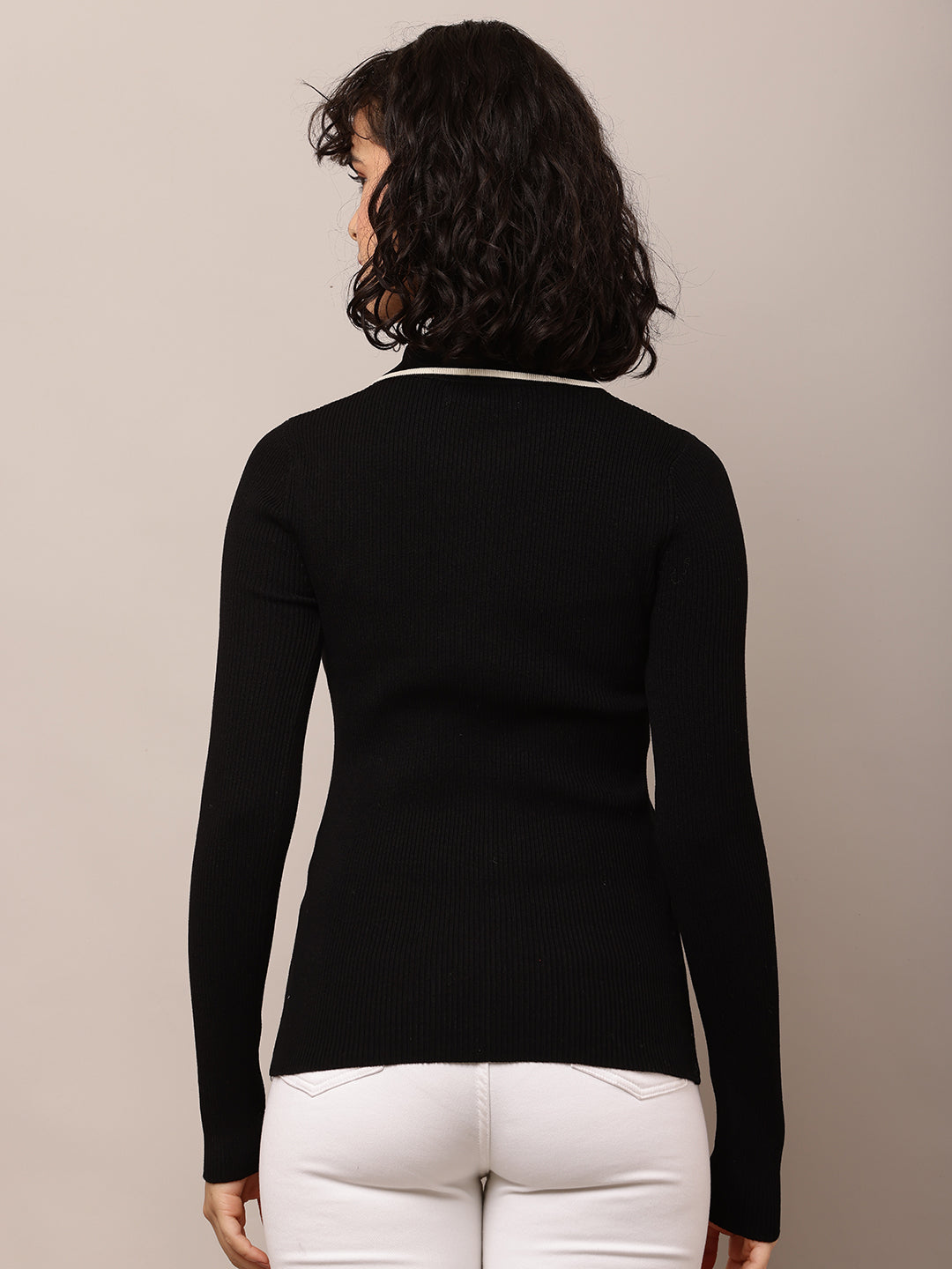Women Shirt Collar Ribbed Black Shirt