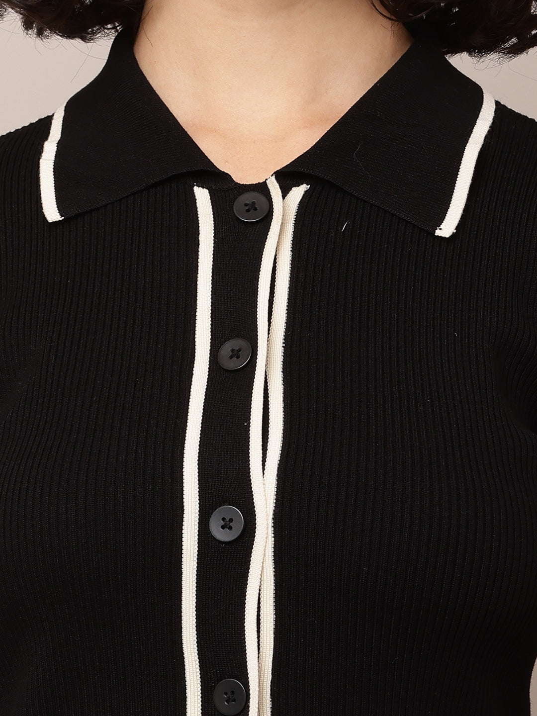 Women Shirt Collar Ribbed Black Shirt