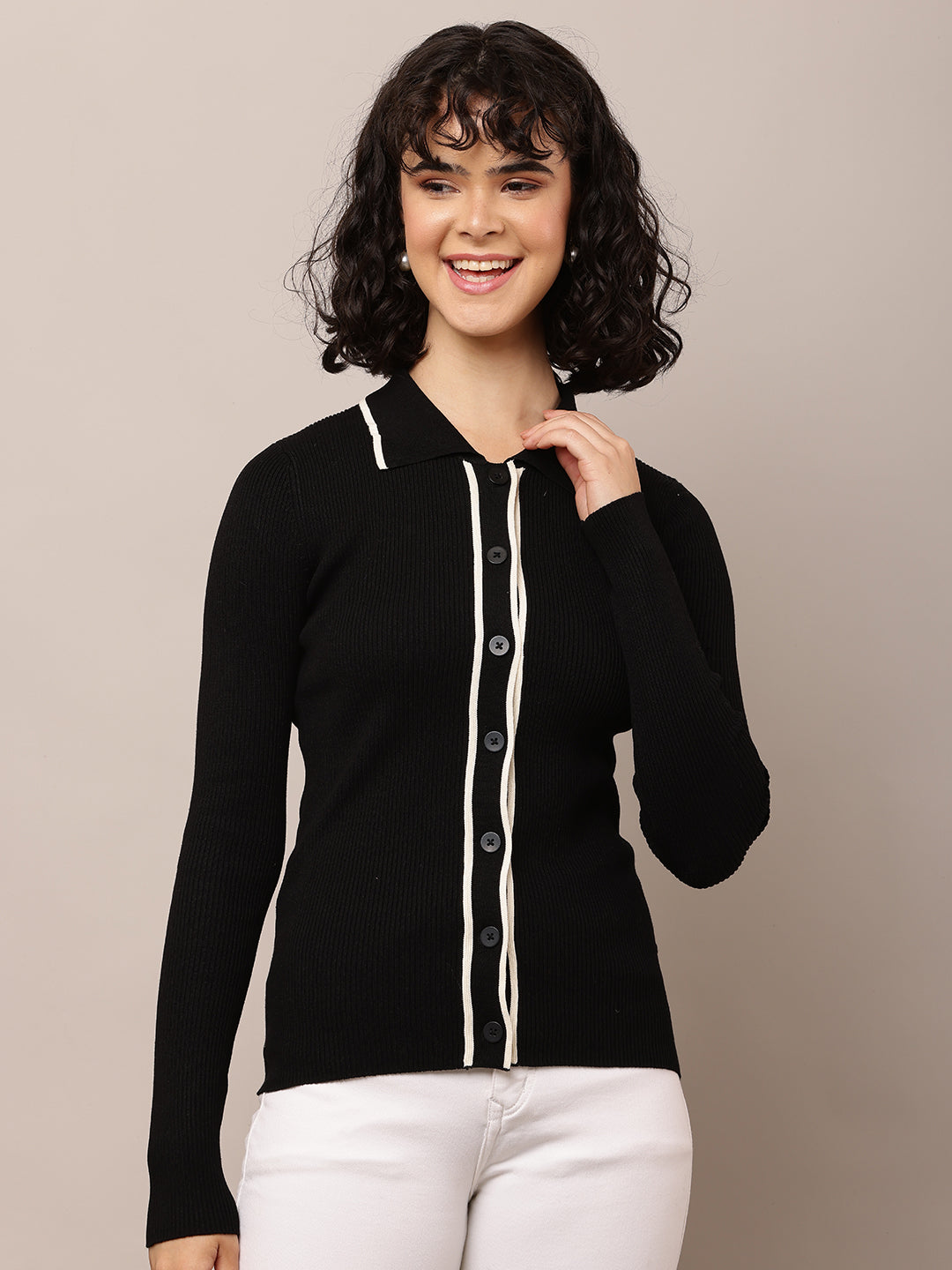 Women Shirt Collar Ribbed Black Shirt