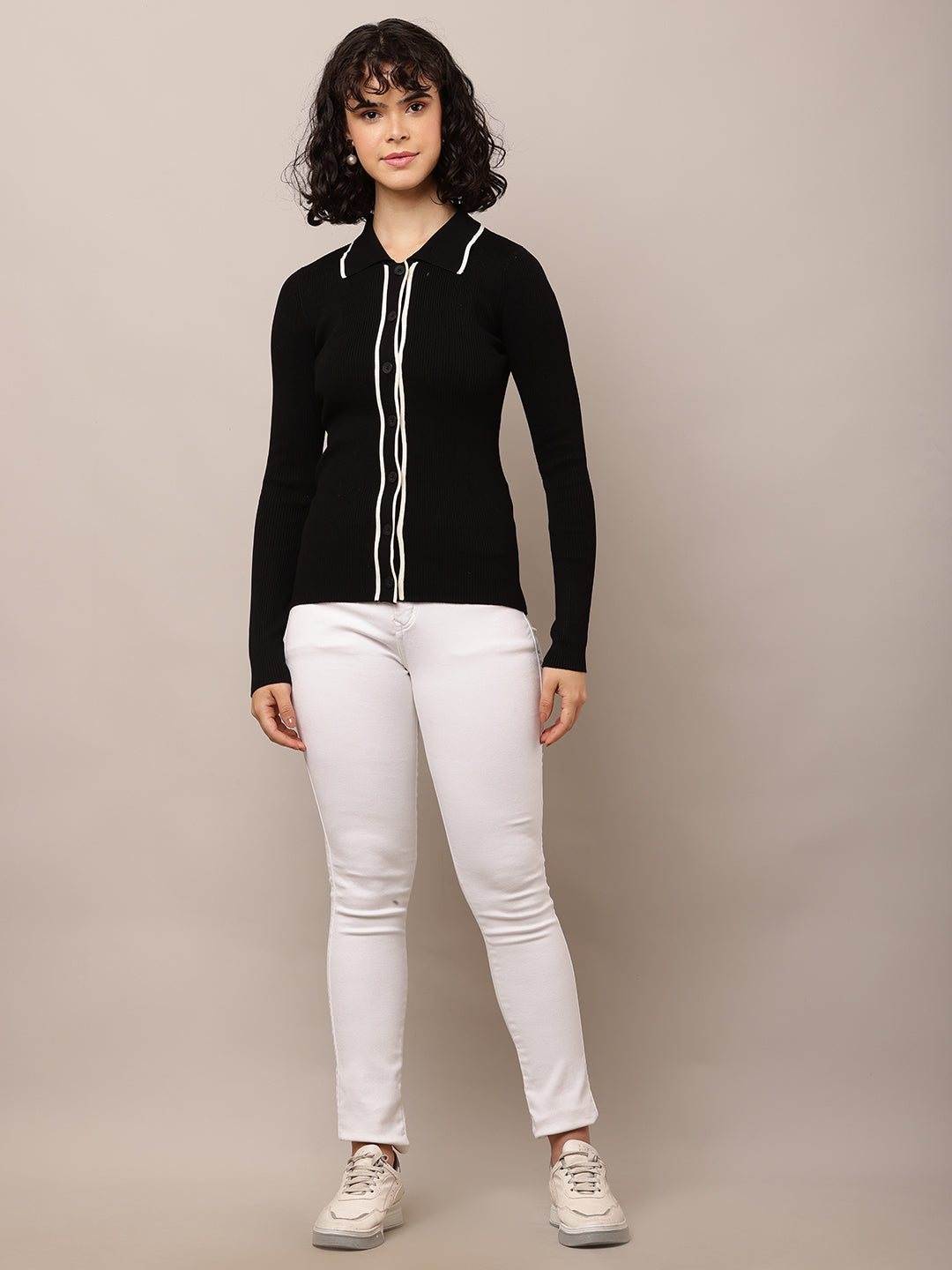 Women Shirt Collar Ribbed Black Shirt