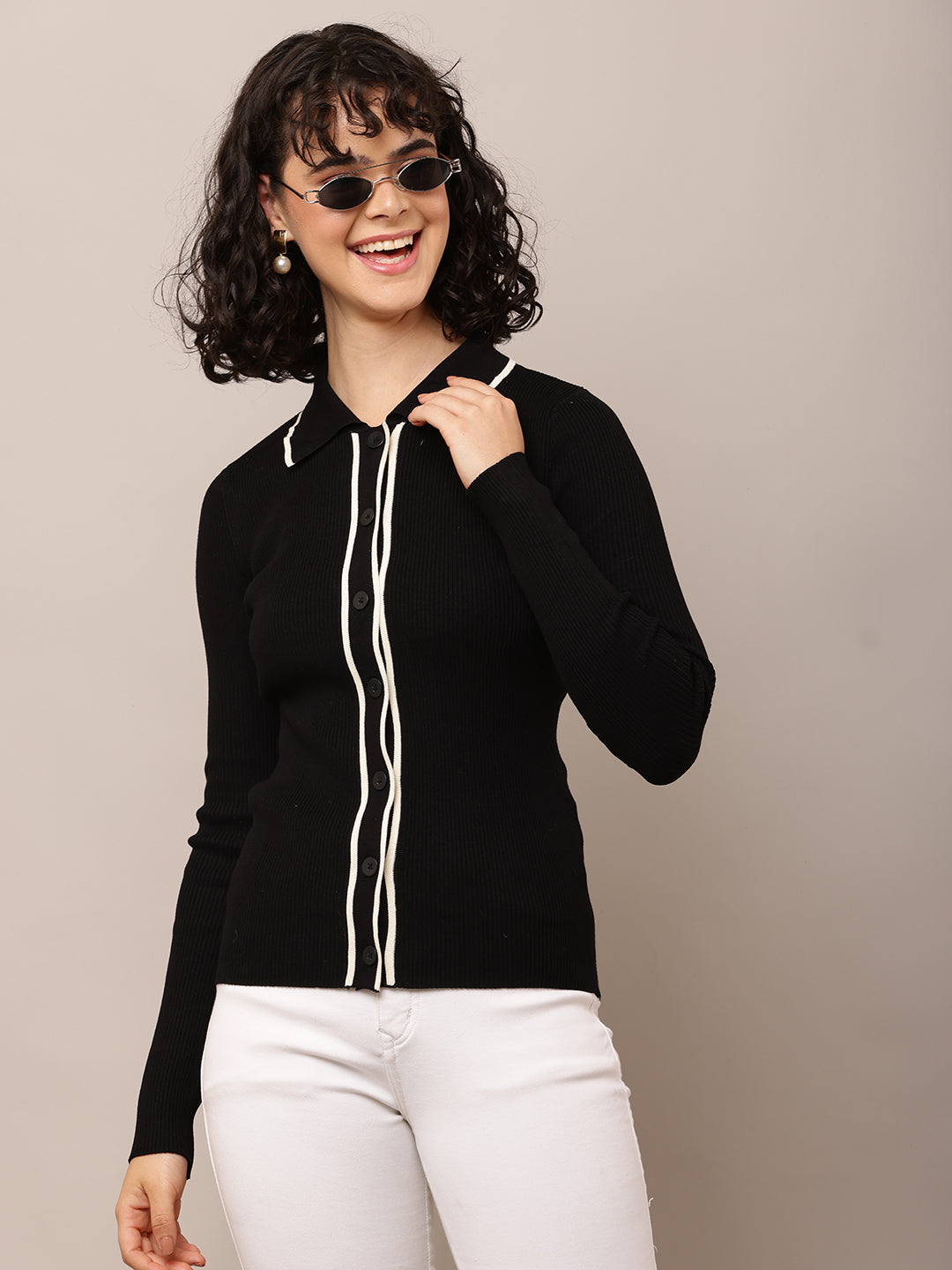 Women Shirt Collar Ribbed Black Shirt