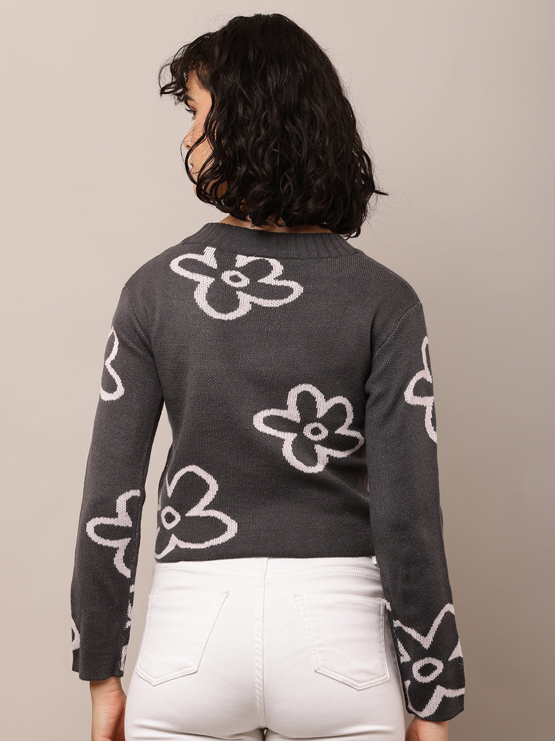 Women Dark Grey Floral Print Acrylic Sweater