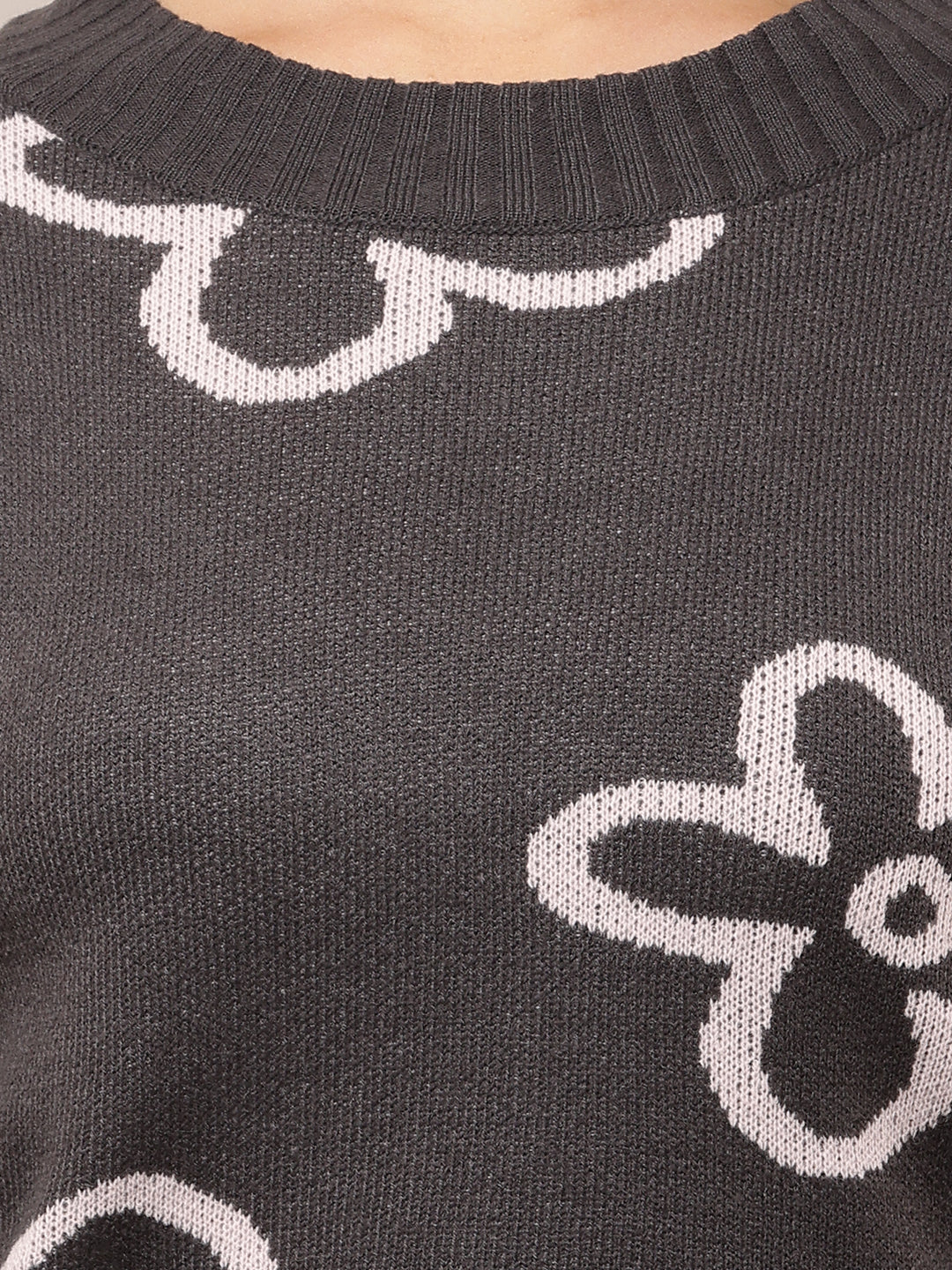 Women Dark Grey Floral Print Acrylic Sweater
