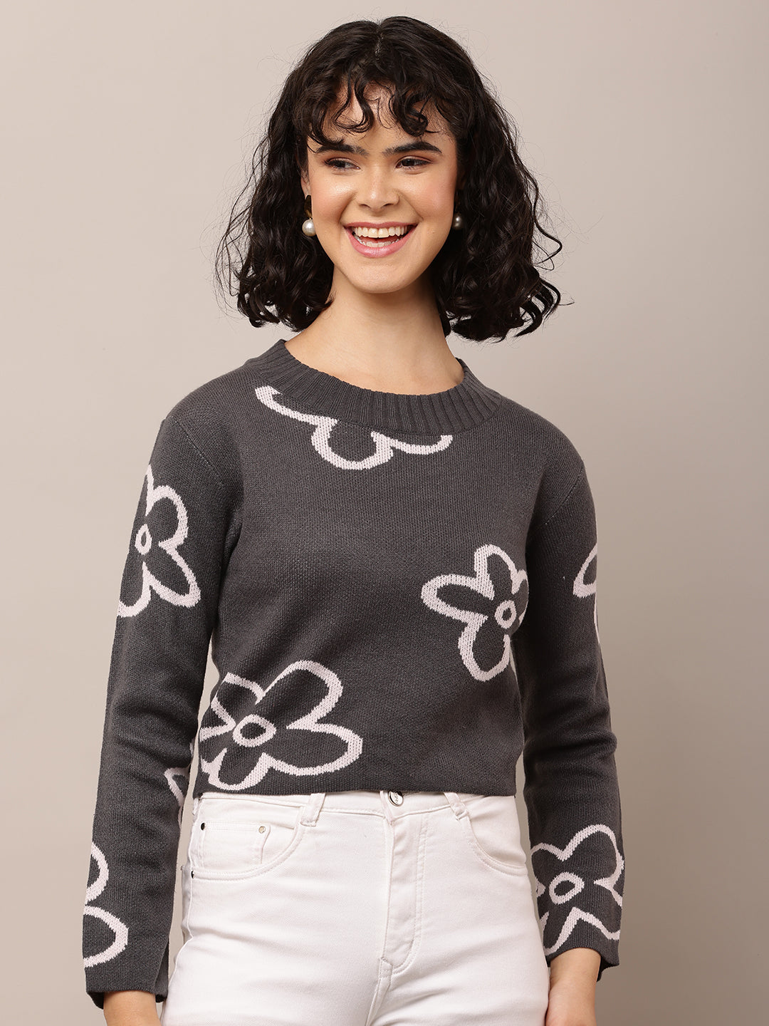 Women Dark Grey Floral Print Acrylic Sweater