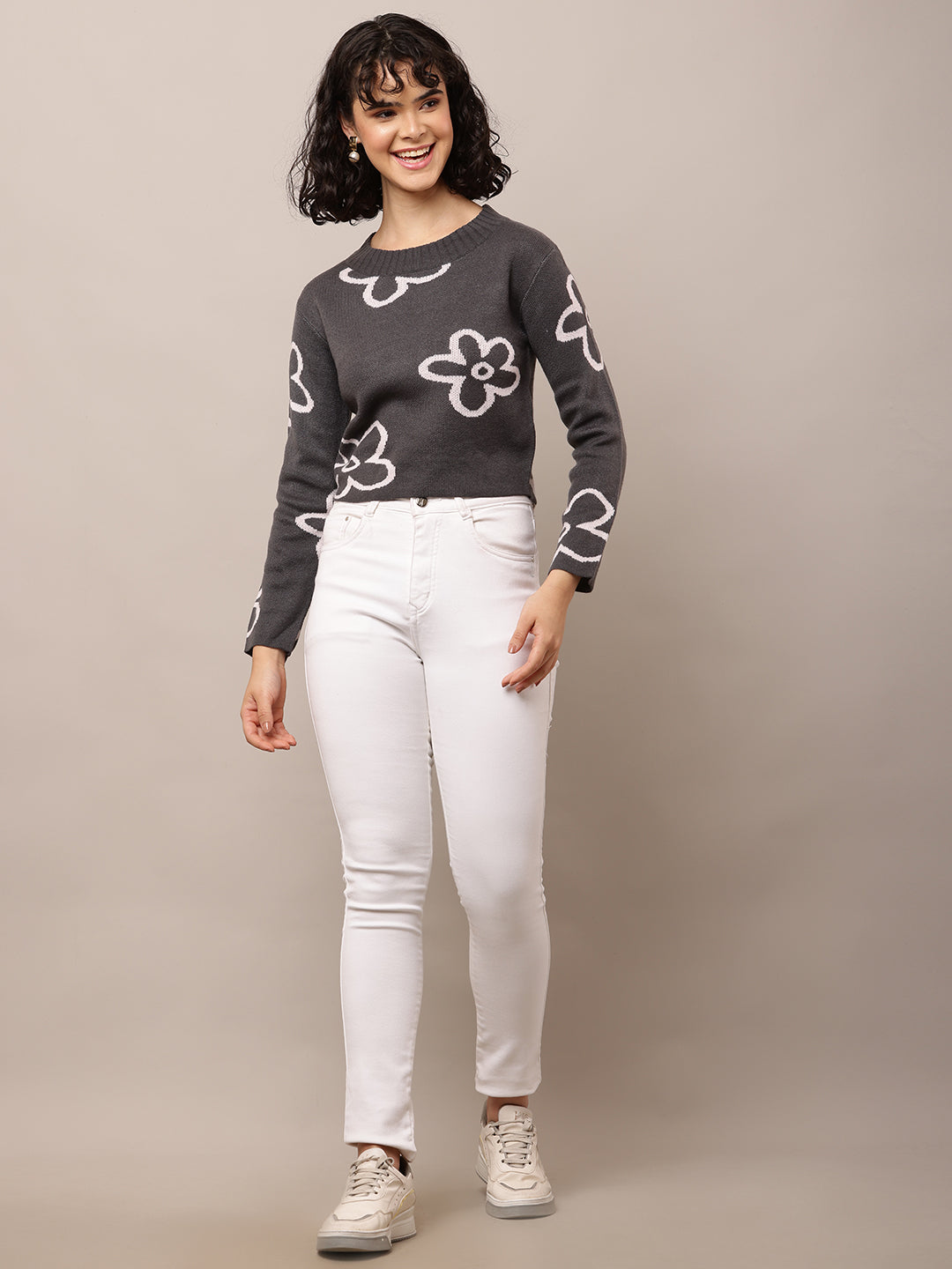 Women Dark Grey Floral Print Acrylic Sweater