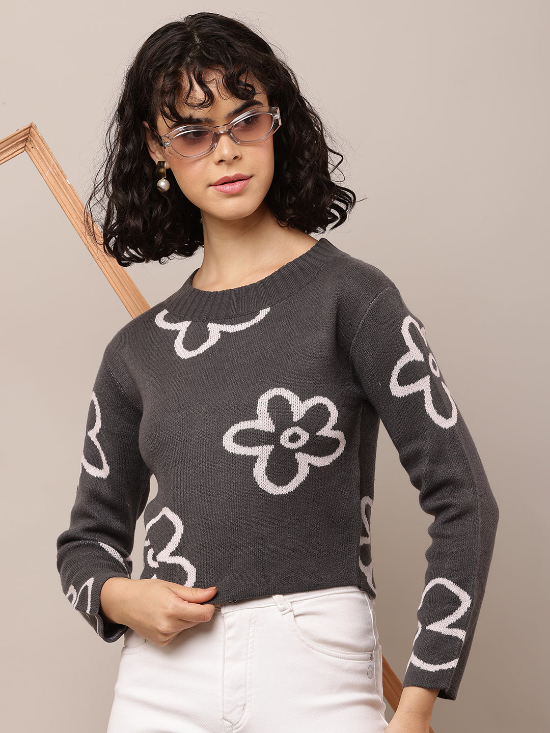 Women Dark Grey Floral Print Acrylic Sweater