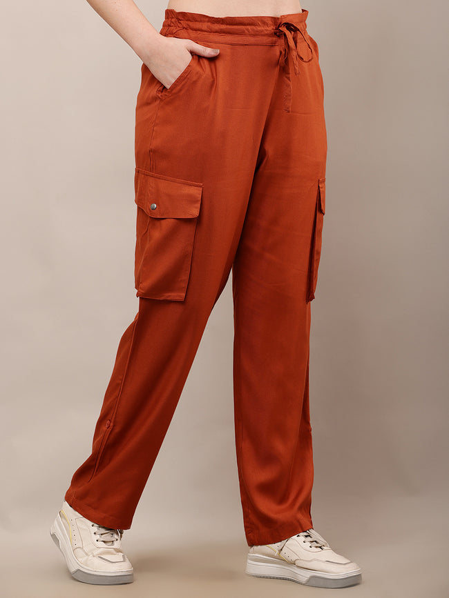 Women Brown Full Length Drawstring Waist Trouser