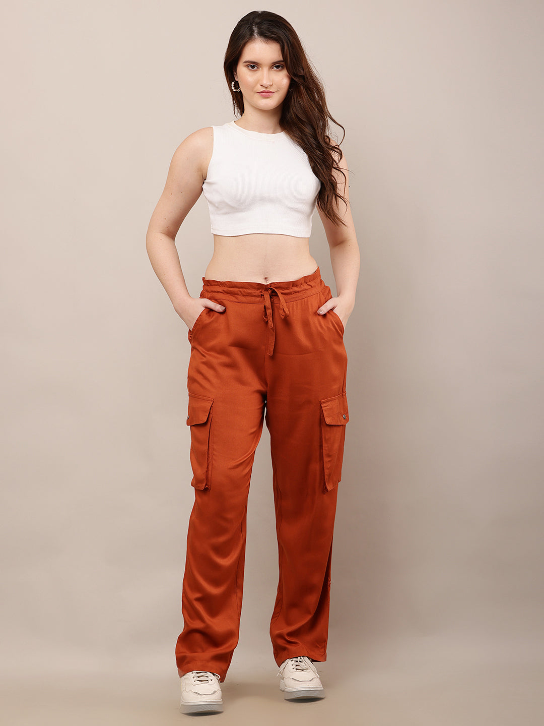 Women Brown Full Length Drawstring Waist Trouser