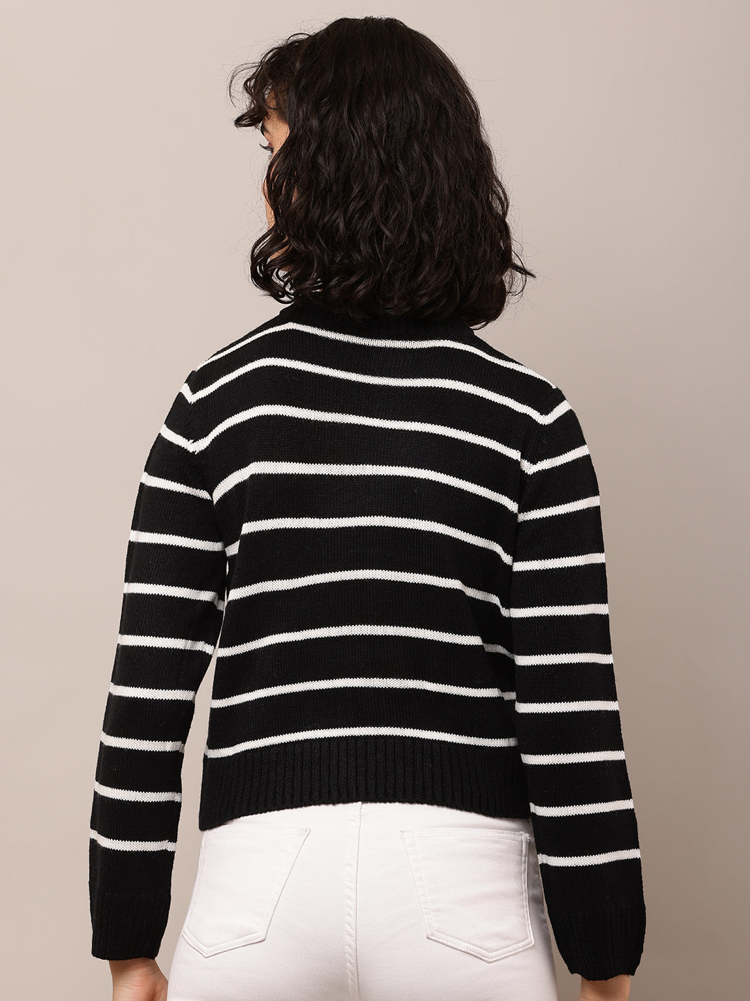 Women Black Striped Turtle Neck Sweater