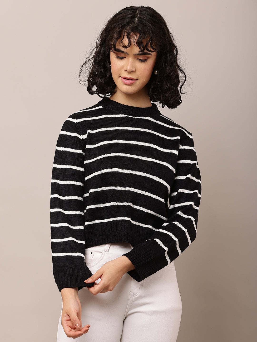 Women Black Striped Turtle Neck Sweater