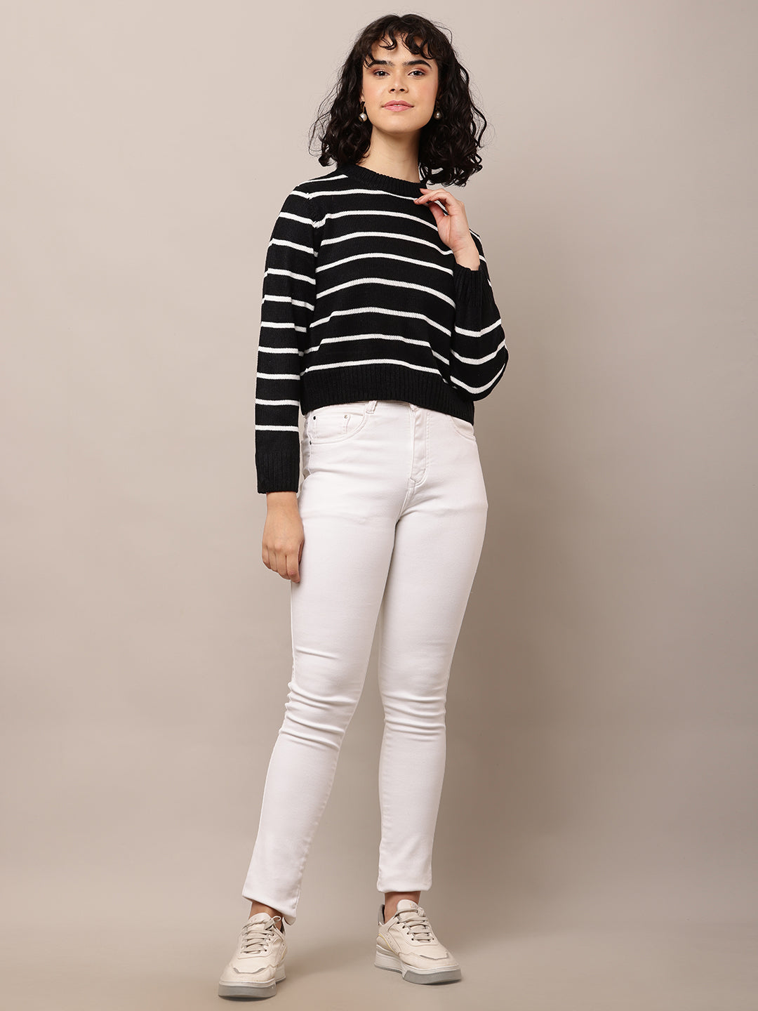 Women Black Striped Turtle Neck Sweater