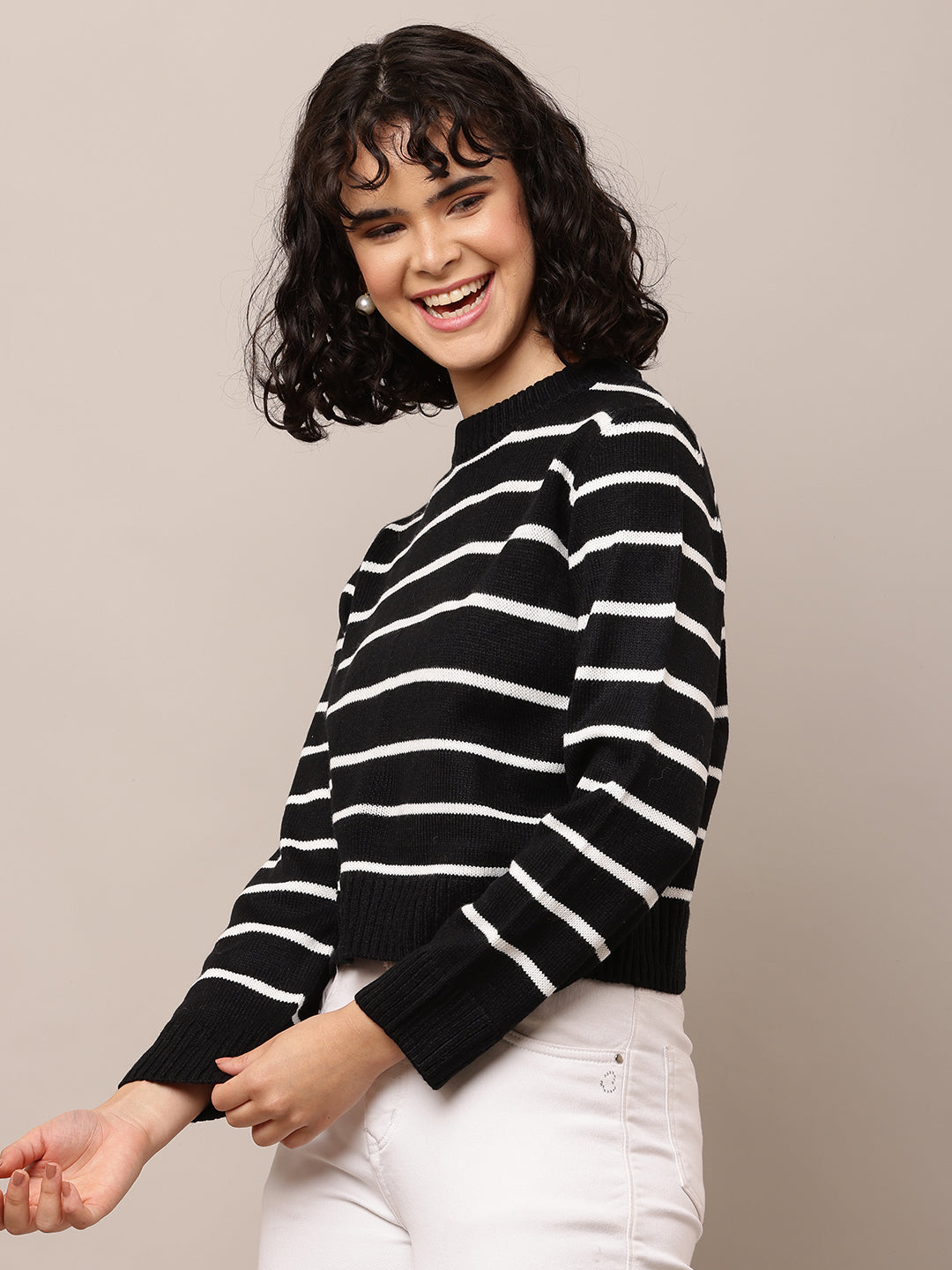 Women Black Striped Turtle Neck Sweater