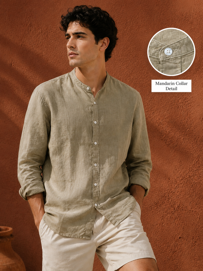 Men Khaki Linen Band Collar Shirt