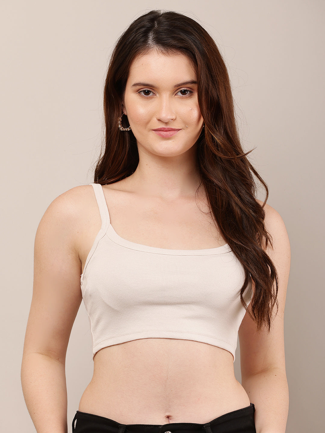 Women Beige Sleeveless Square Neck Crop Top