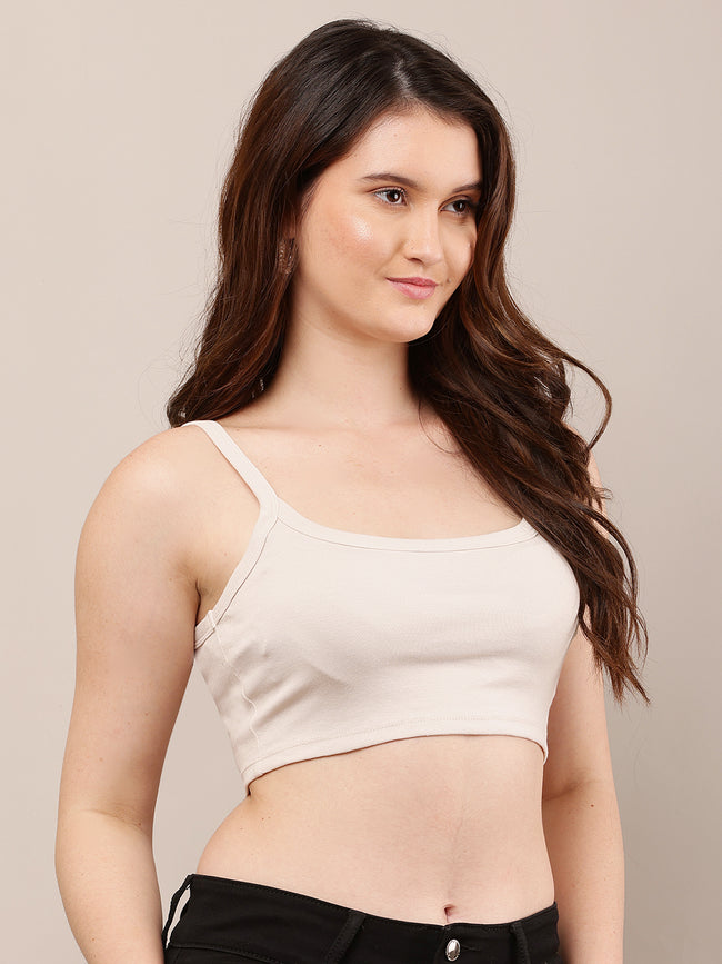Women Beige Sleeveless Square Neck Crop Top