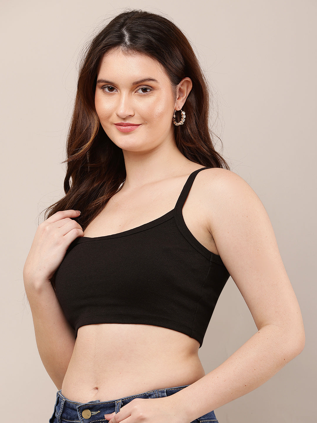 Women Black Sleeveless Square Neck Crop Top