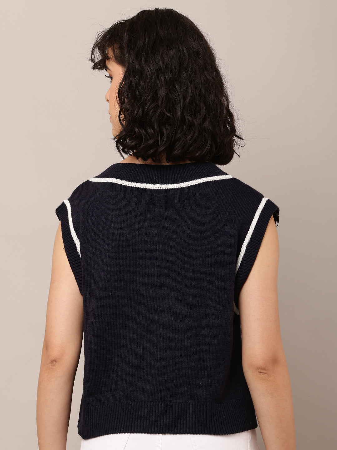 Women Dark Blue V-Neck Cotton Sweater Vest
