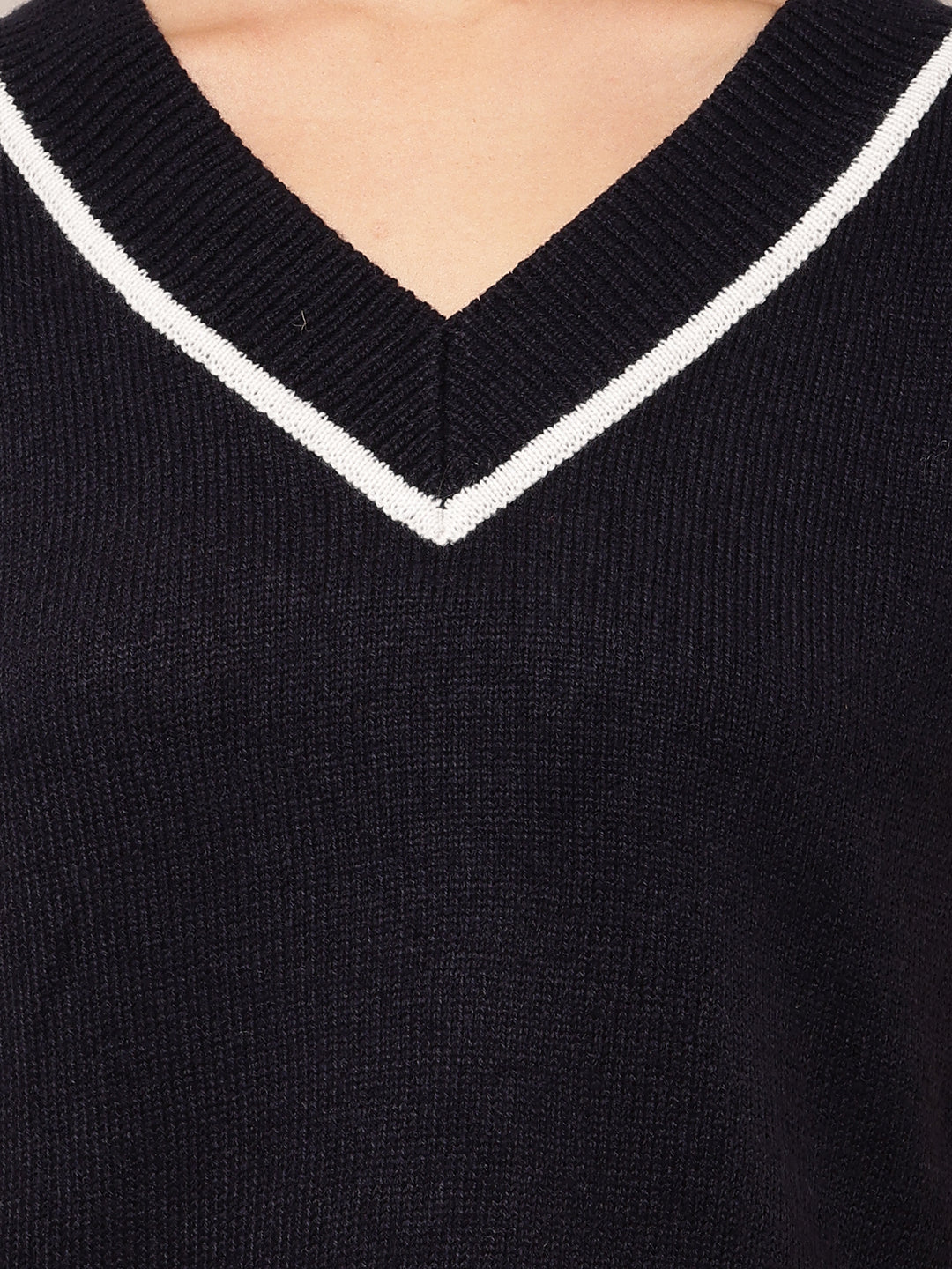 Women Dark Blue V-Neck Cotton Sweater Vest
