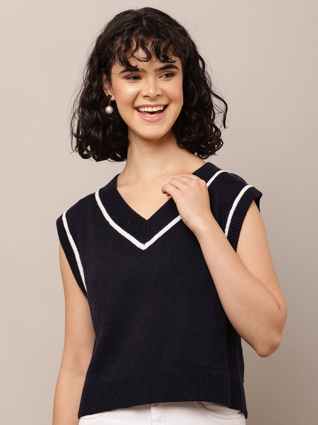 Women Dark Blue V-Neck Cotton Sweater Vest