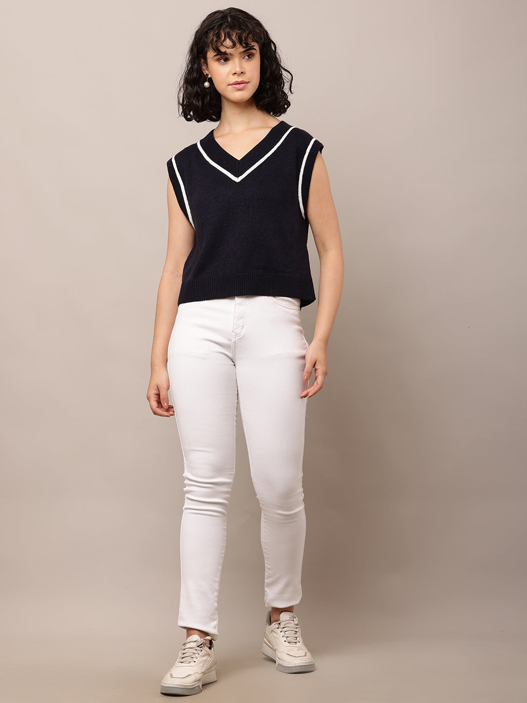 Women Dark Blue V-Neck Cotton Sweater Vest