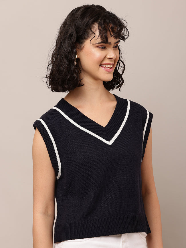 Women Dark Blue V-Neck Cotton Sweater Vest