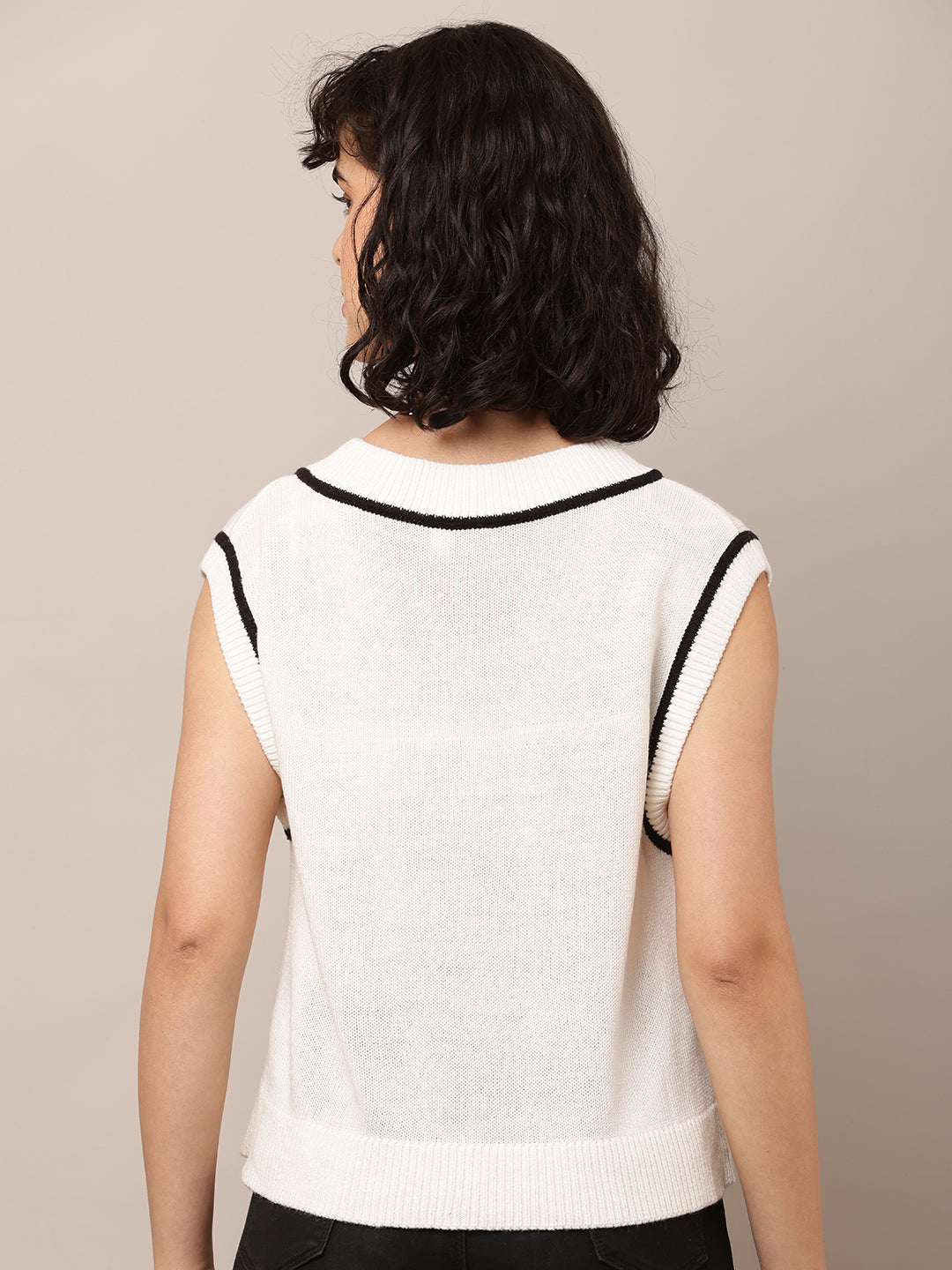 Women White V-Neck Cotton Sweater Vest