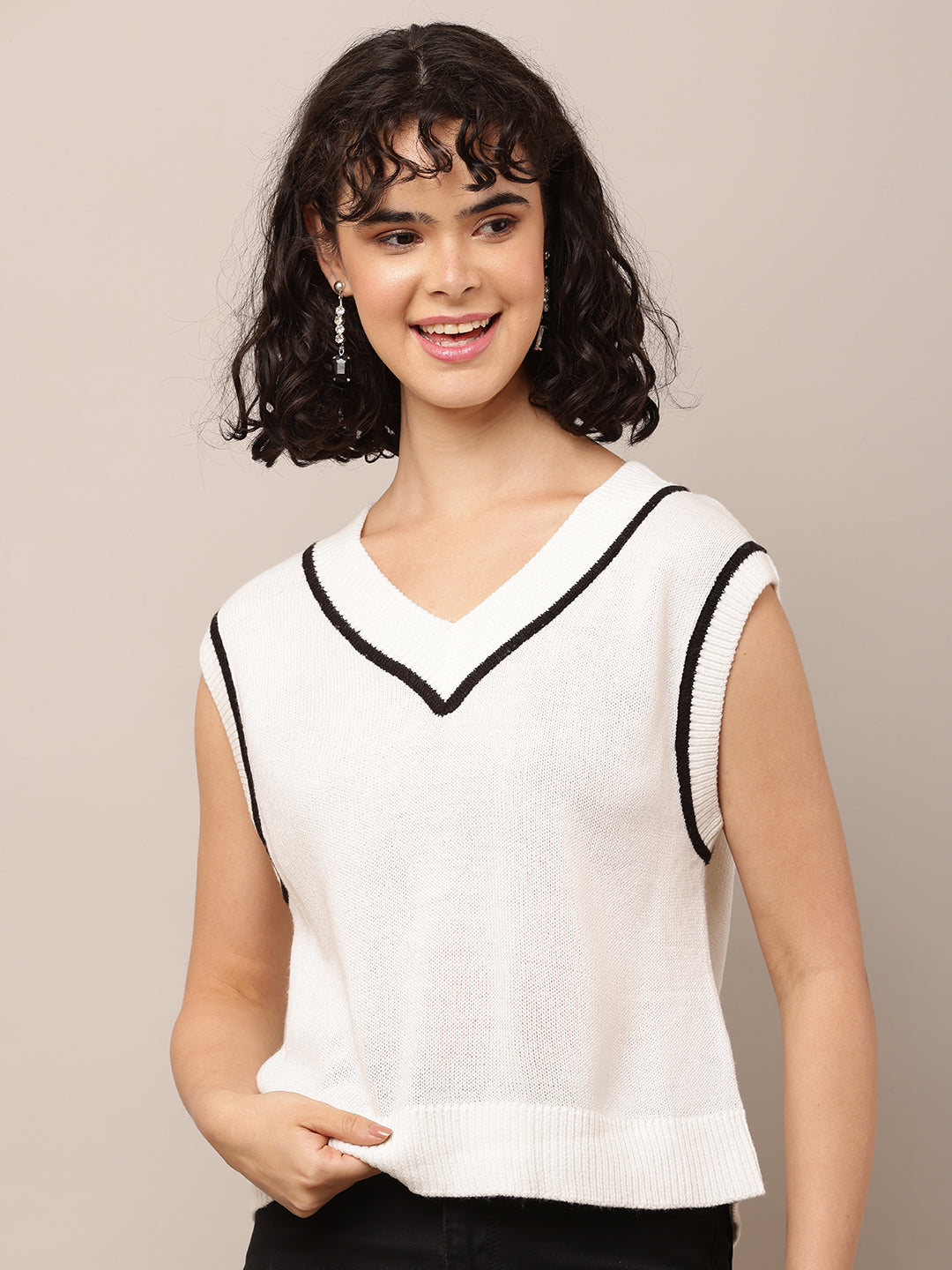 Women White V-Neck Cotton Sweater Vest