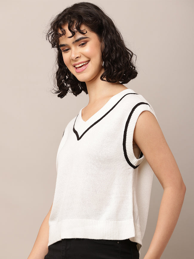 Women White V-Neck Cotton Sweater Vest