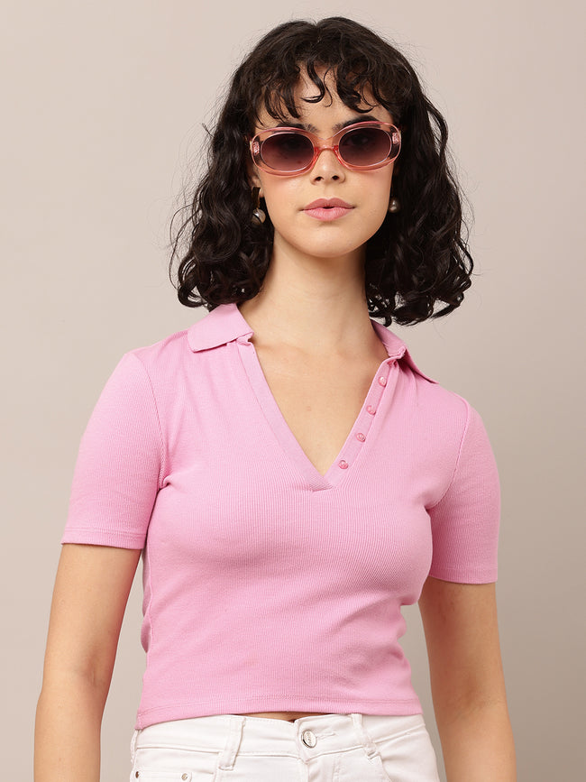 Women Polo Neck Pink T-Shirt