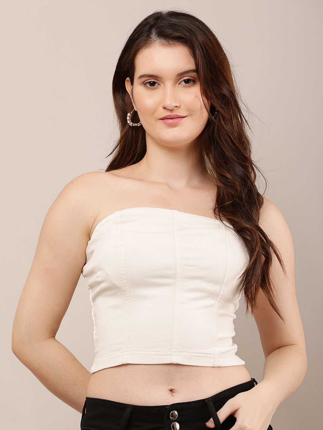 Women Cream Off-Shoulder Sleeveless Tube Top