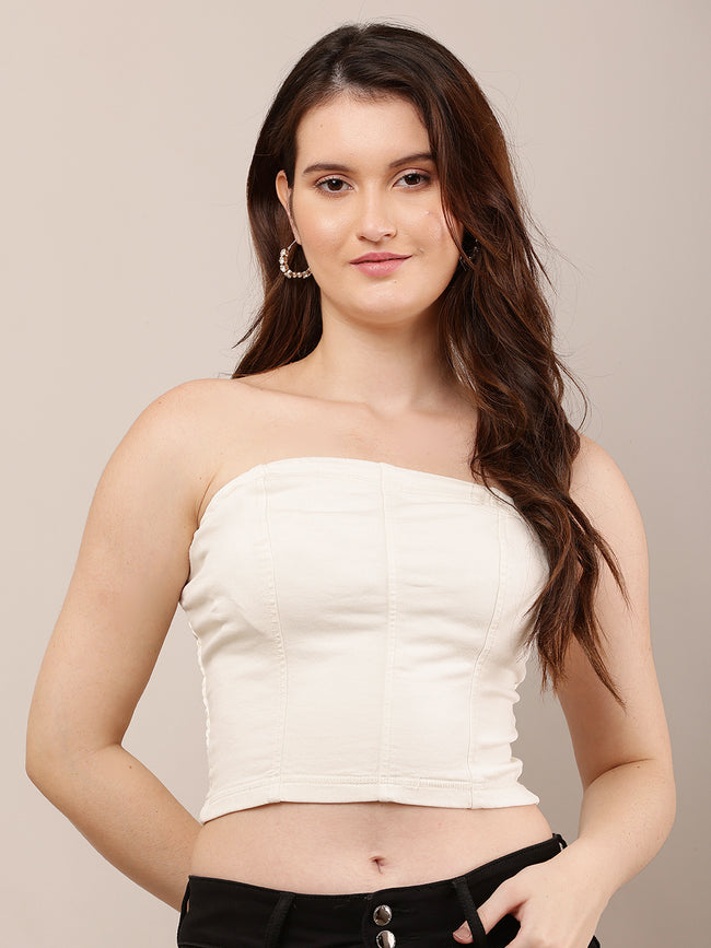 Women Cream Off-Shoulder Sleeveless Tube Top