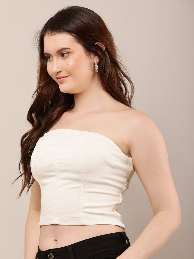 Women Cream Off-Shoulder Sleeveless Tube Top