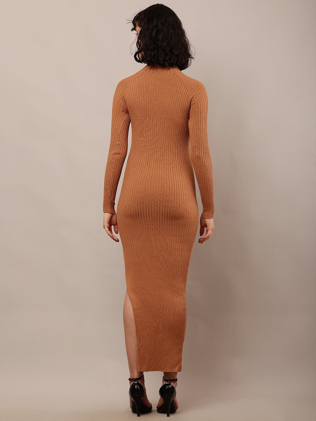 Women Brown Ribbed Bodycon Dress with Turtle Neck