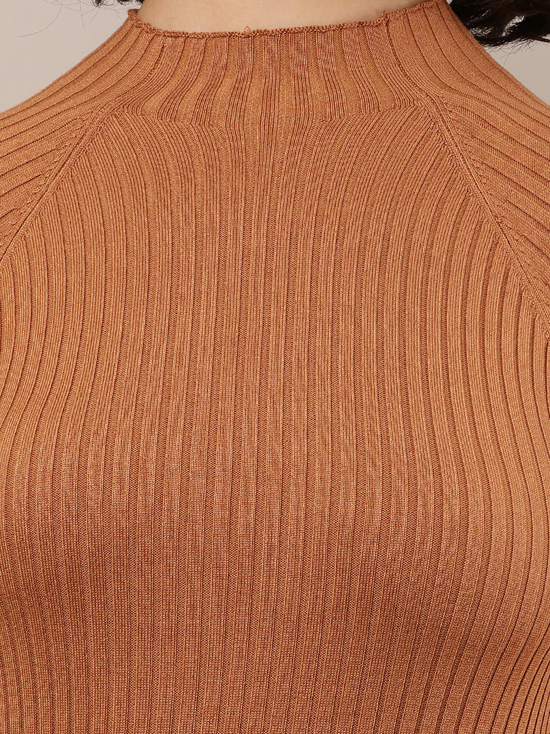 Women Brown Ribbed Bodycon Dress with Turtle Neck