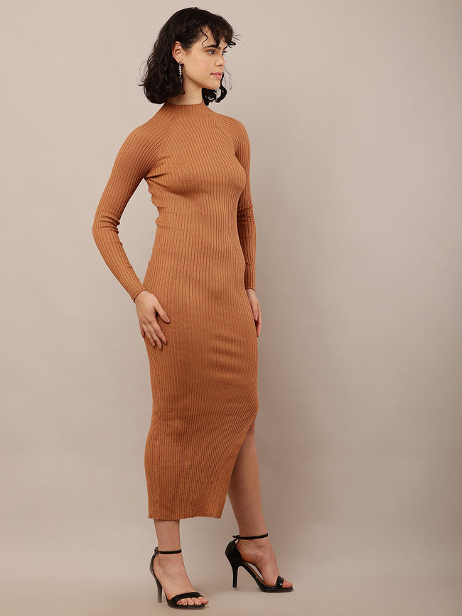 Women Brown Ribbed Bodycon Dress with Turtle Neck