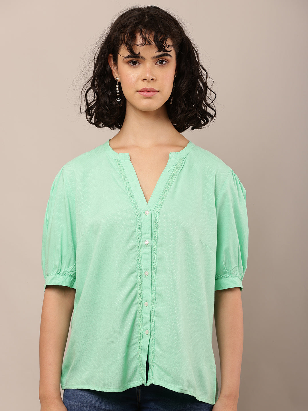 Women Green V-Neck Short Sleeve Top